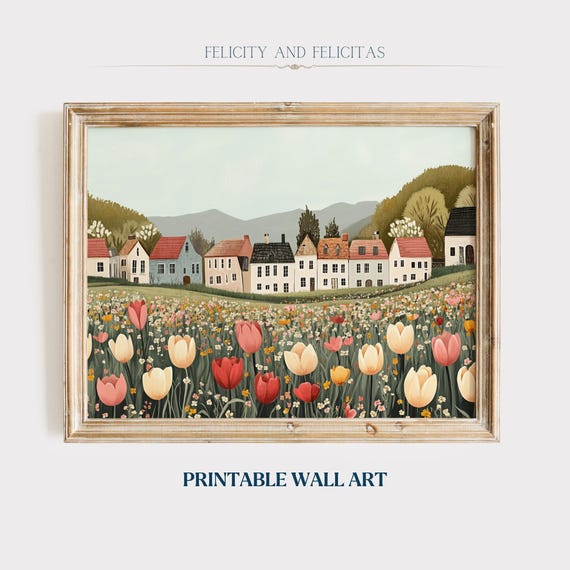 Cute Spring Wall Art Spring Village Art Spring Farmhouse Decor Tulip Spring Town Canva