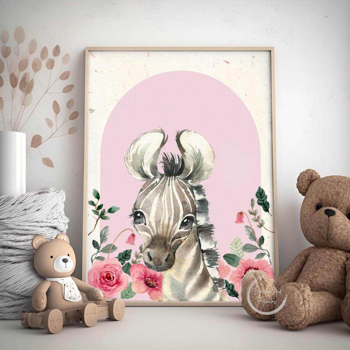 Baby Elephant Pink Floral Arch Watercolor Nursery Kids Wall Art - Image 5