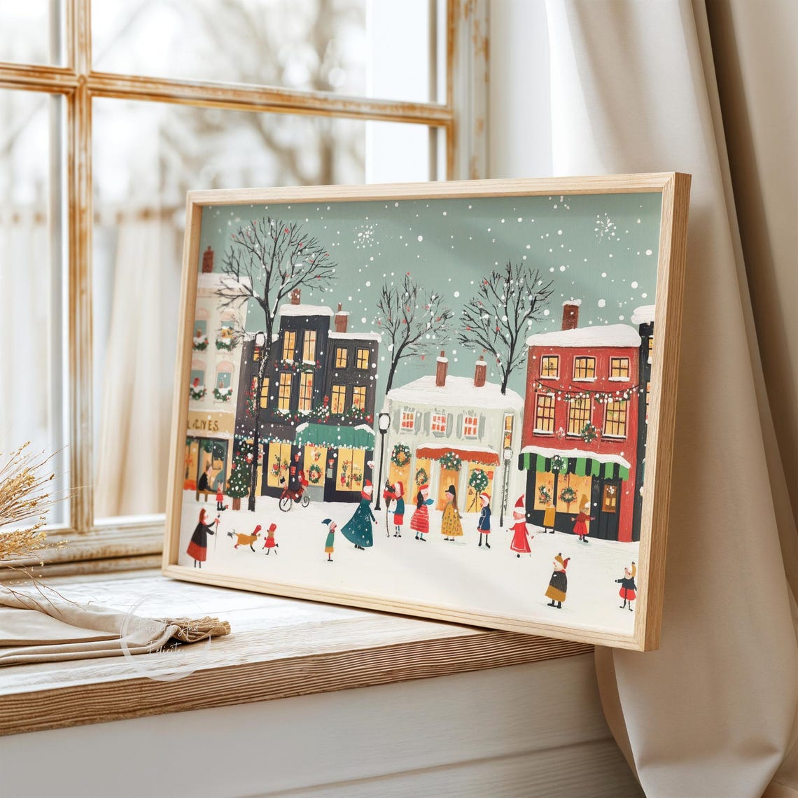 Cheerful Christmas Village Street Snow Shops Children Wall Art - Image 3