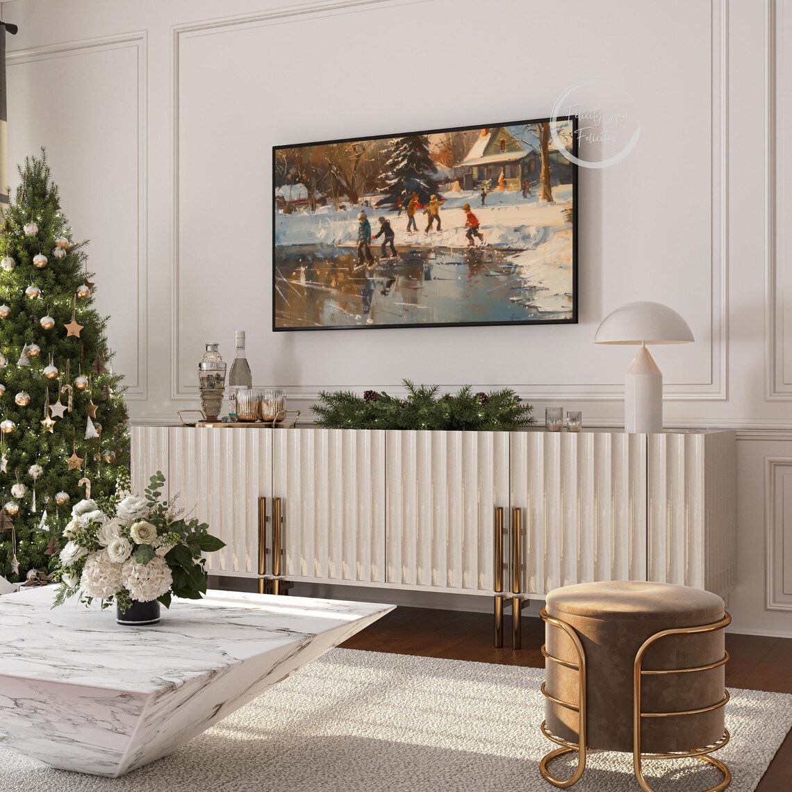 Children Ice Skating Frozen Pond Sunset Farmhouse Winter Poster - Image 6