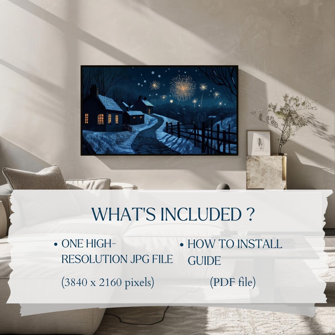 Snowy Village Night Fireworks Winter Celebration Frame TV Art Poster - Image 2