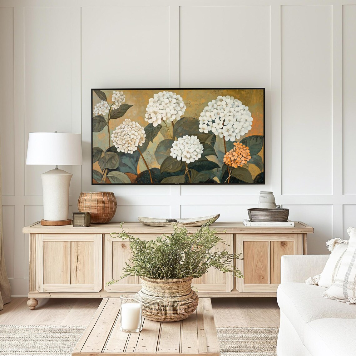 White Hydrangea Blossoms Golden Background Botanical Frame TV Art Poster - Image 5