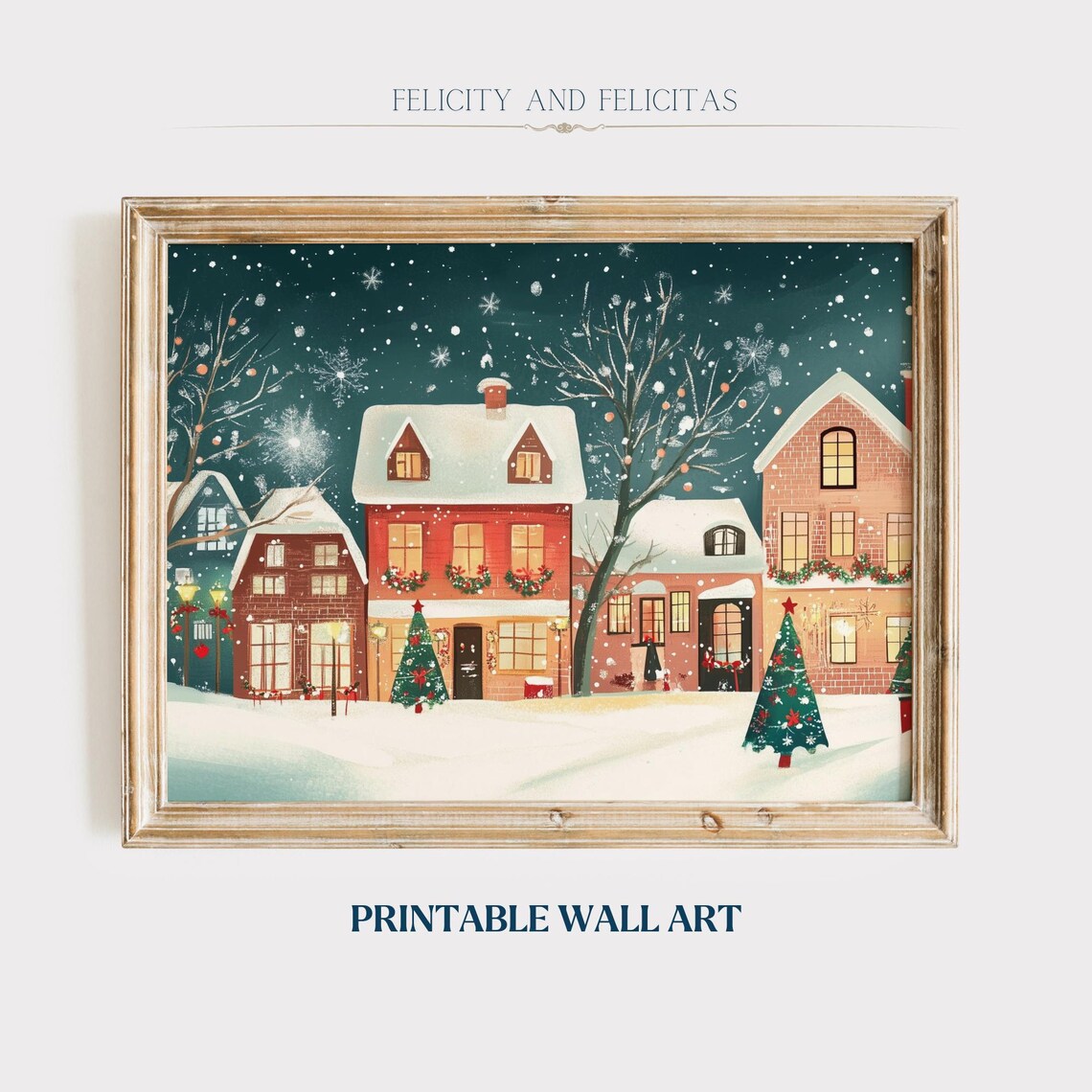 Christmas Evening Red Brick Houses Snow Roofs Street Art Poster