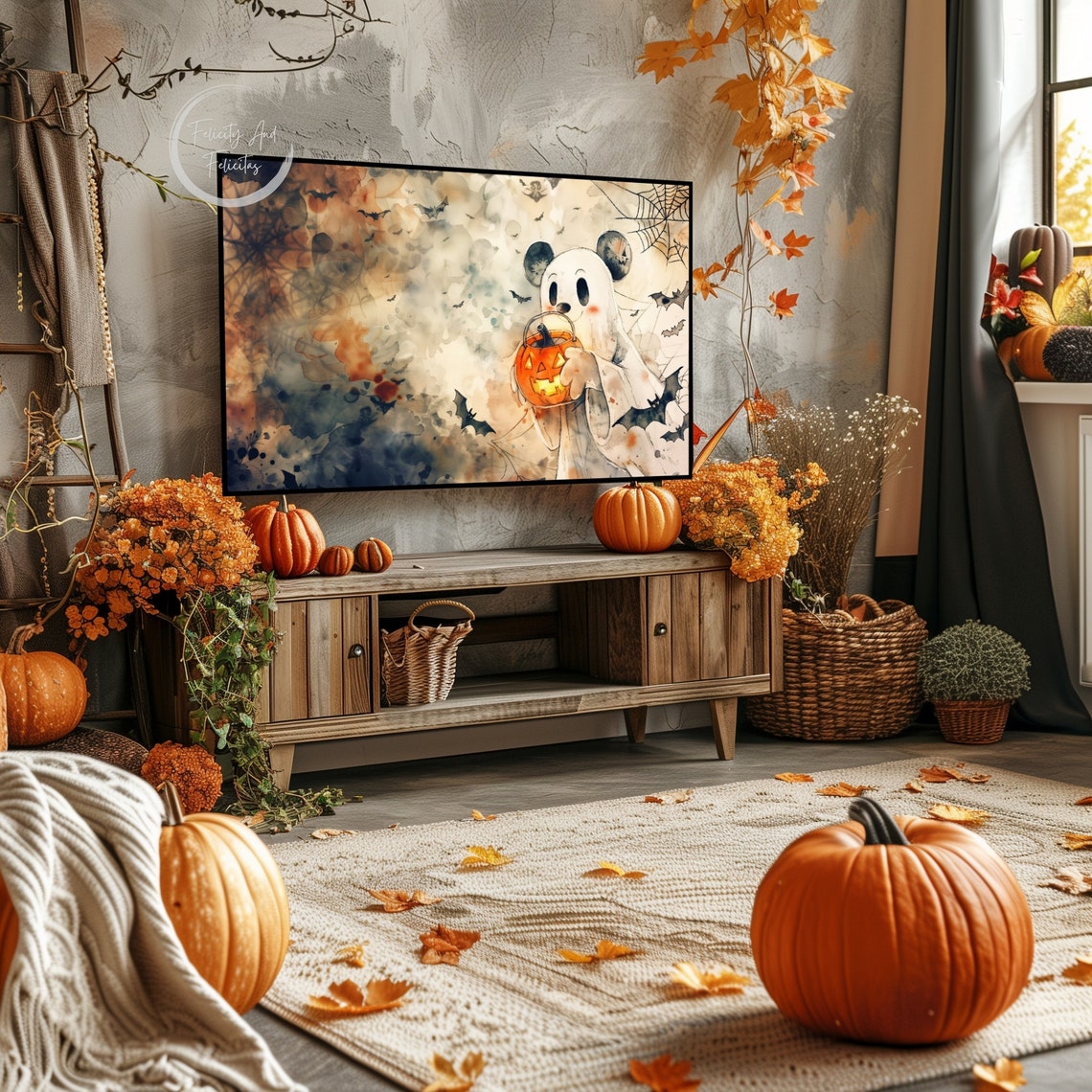 Cute Mouse Ghost with Pumpkin Bucket Bats and Webs Watercolor Poster - Image 6