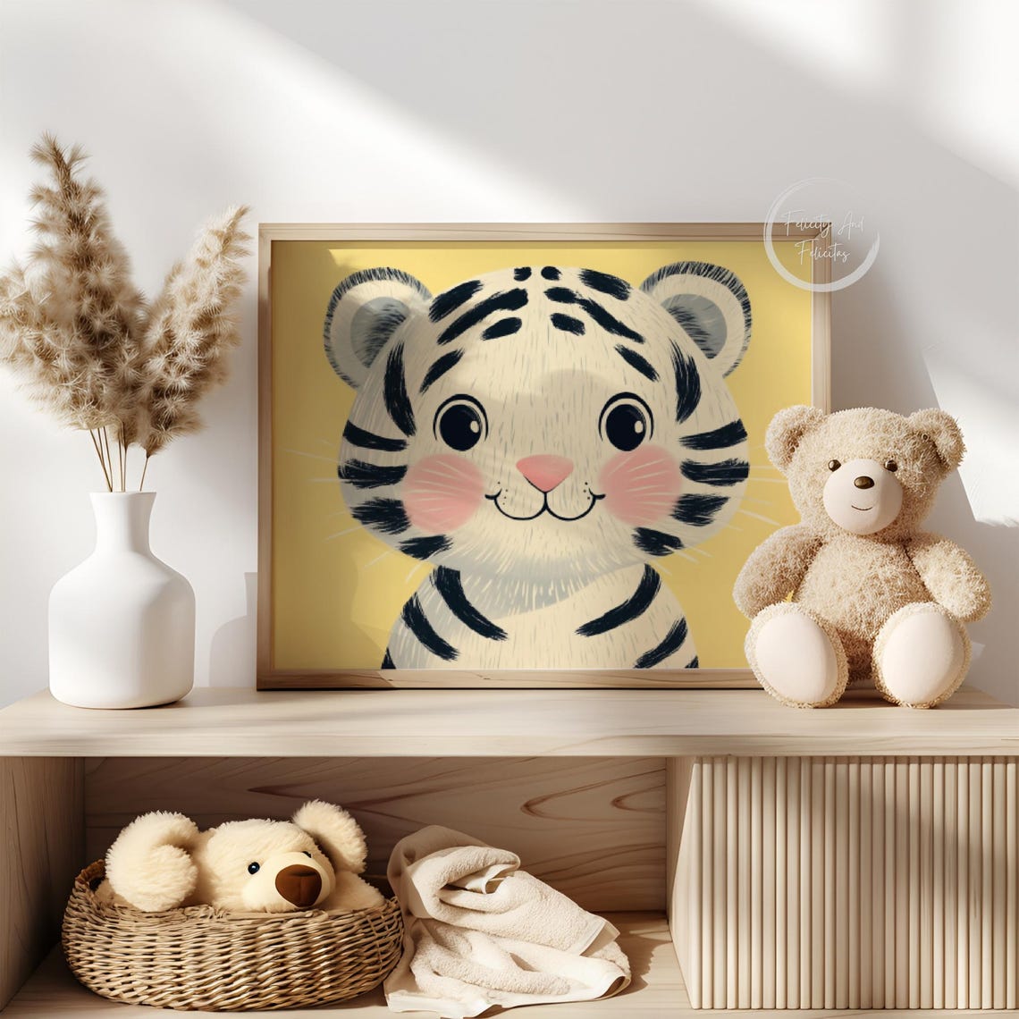 Cute White Tiger Cub Face on Yellow Cheerful Kids Room Wall Art - Image 6
