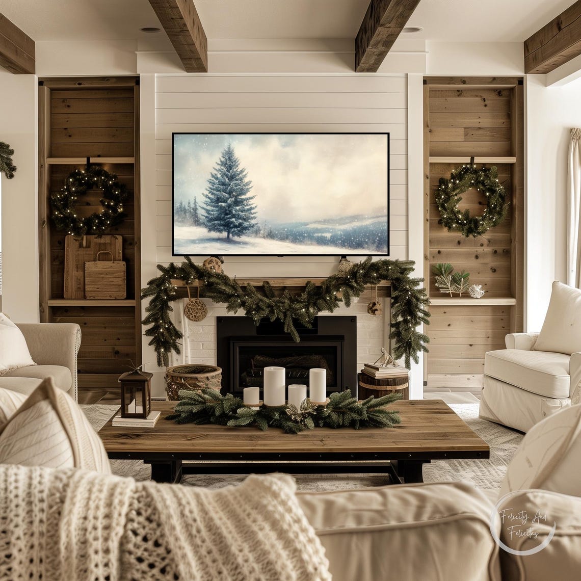 Winter Snowy Spruce Tree Falling Snow Landscape Frame TV Art Poster - Image 3