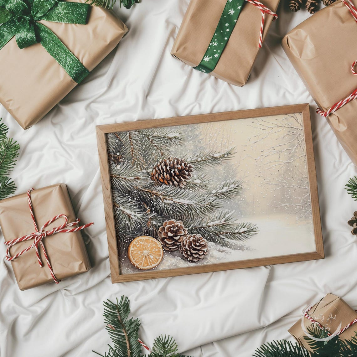 Snowy Pine Branches with Pinecones and Orange Slice Art Print - Image 5