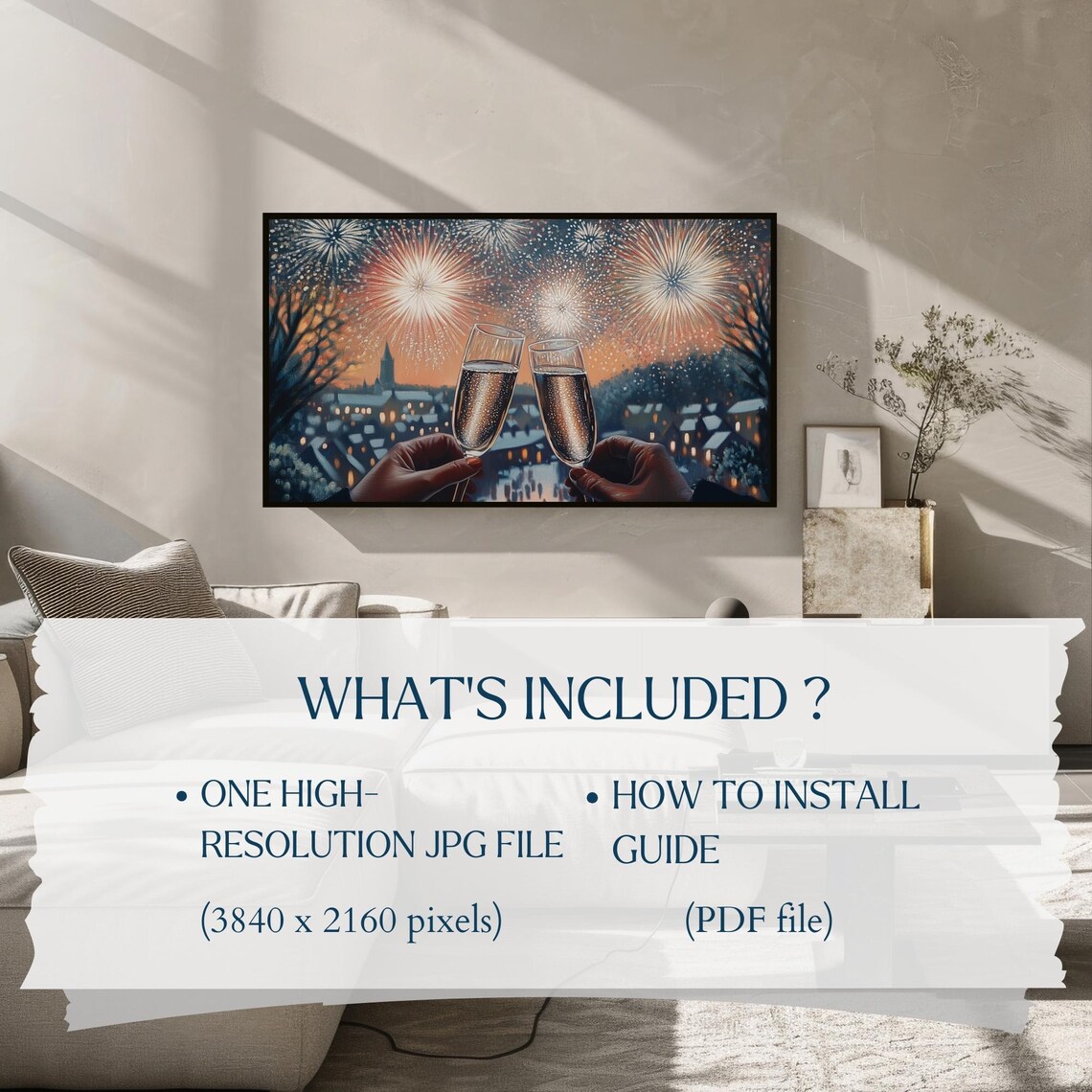 Champagne Toast Fireworks Snowy Town New Years Eve TV Art Poster - Image 2