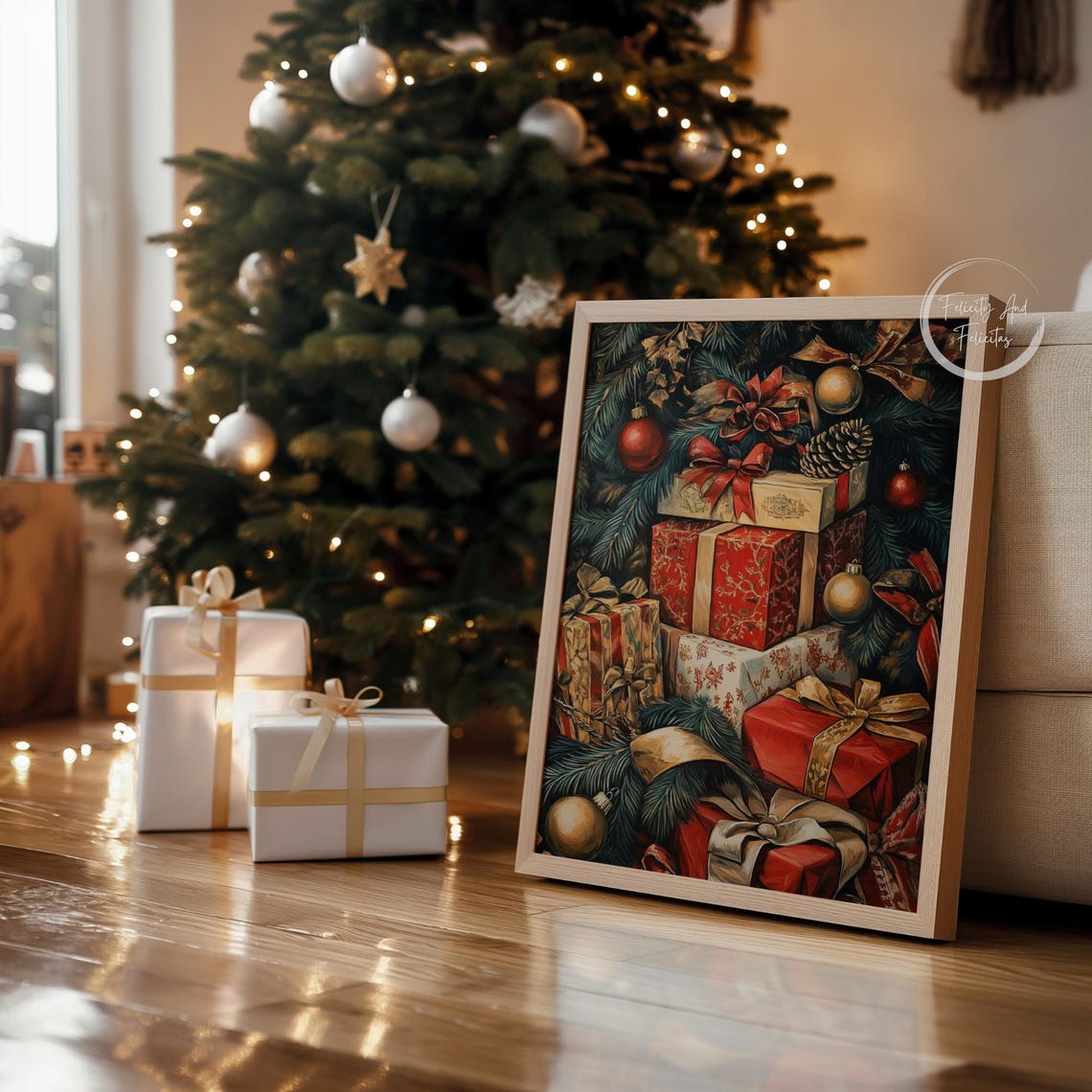 Stacked Red and Gold Christmas Gifts Under Tree Night Poster - Image 4