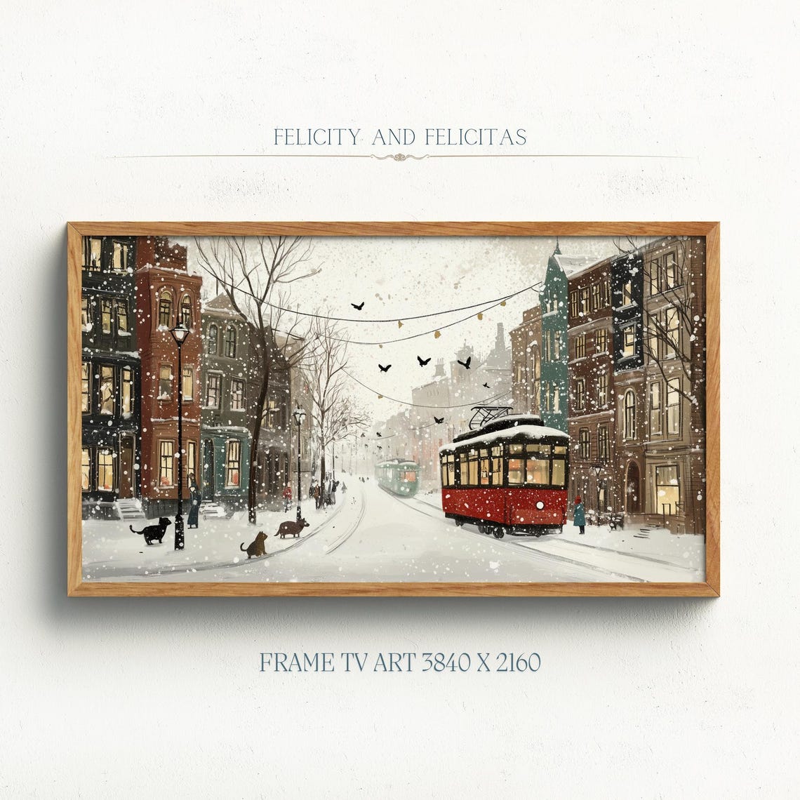 Winter City Street With Red Tram Snowfall Cats Night Scene Poster