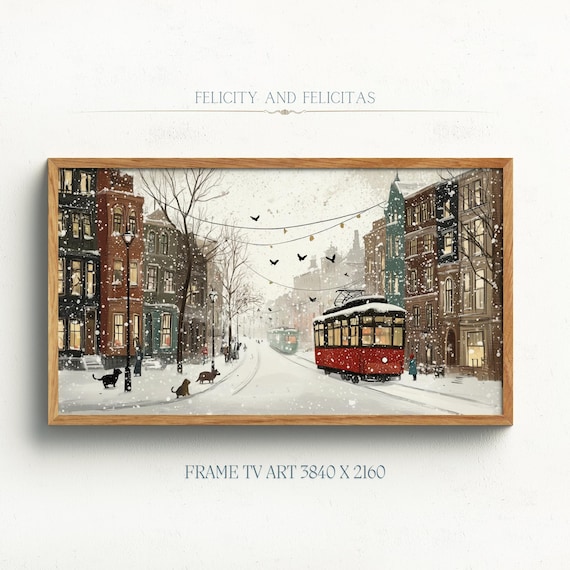 Winter City Street With Red Tram Snowfall Cats Night Scene Poster