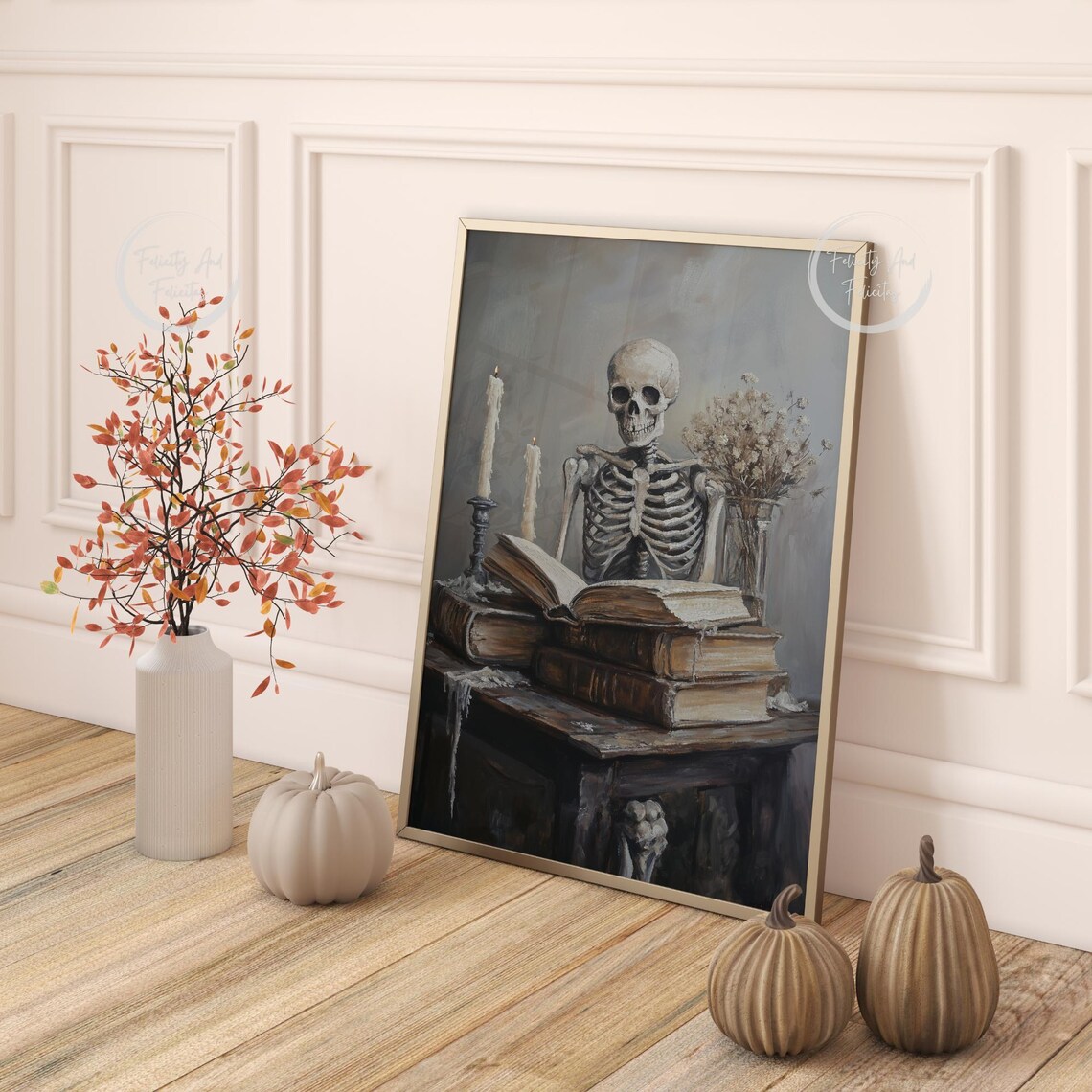 Skeleton Behind Stack of Old Books Candles Moody Dark Academia Art Poster - Image 4