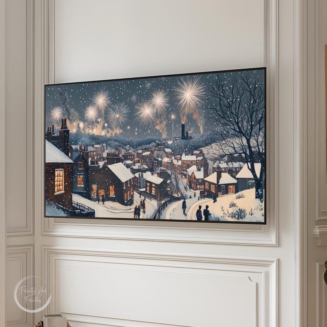 Snowy Village Fireworks Night Winter Holiday Frame TV Art Poster - Image 3