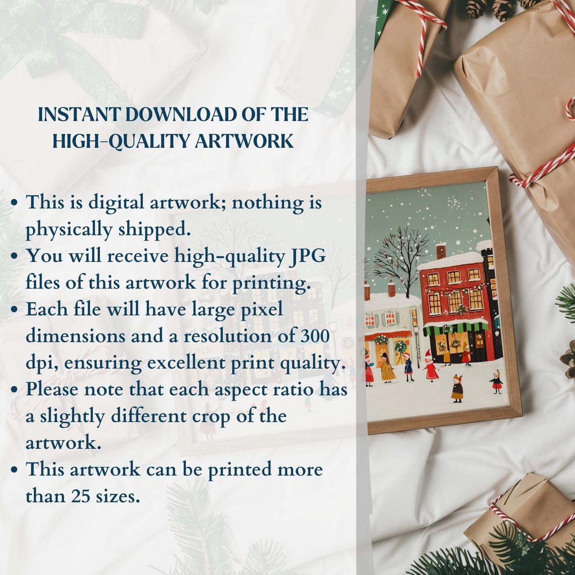 Cheerful Christmas Village Street Snow Shops Children Wall Art - Image 2