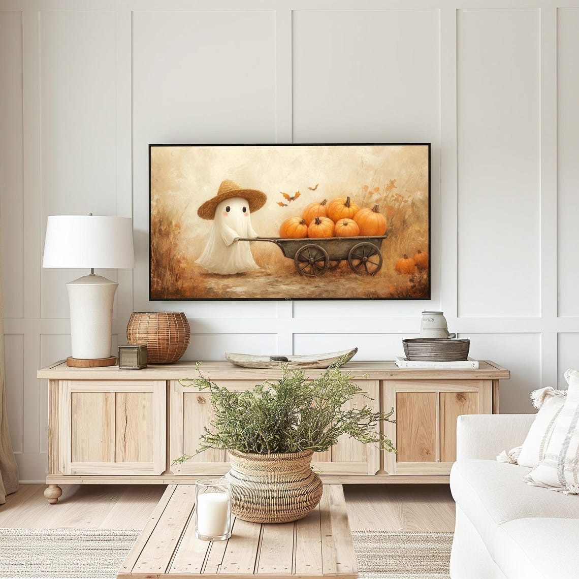 Cute Ghost Straw Hat Pumpkin Wagon Fall Field Halloween Poster - Image 3