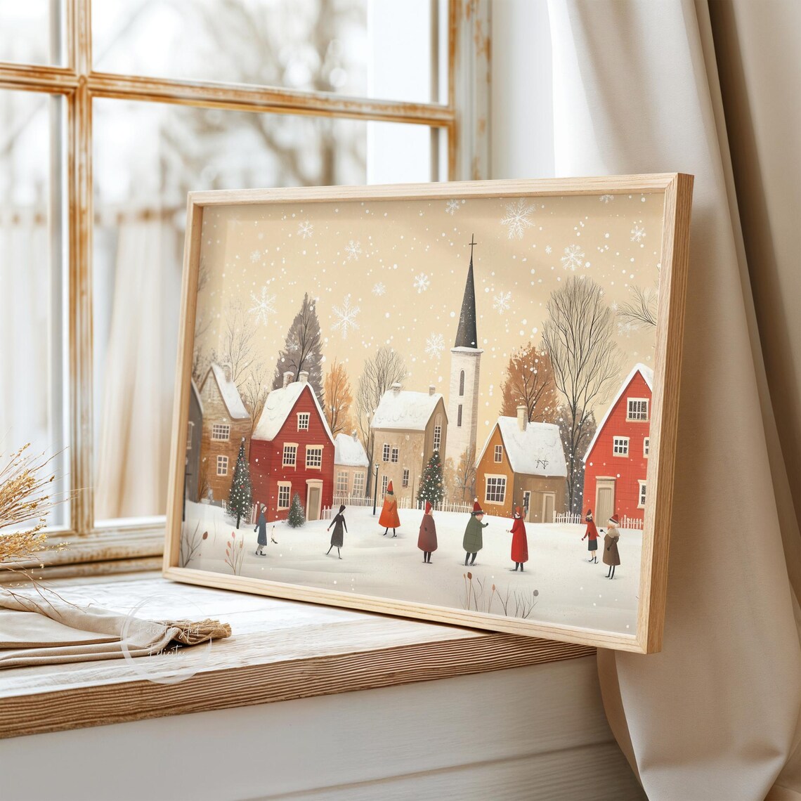 Neutral Winter Village Church Snowy Day Folk Art Scene Poster - Image 3