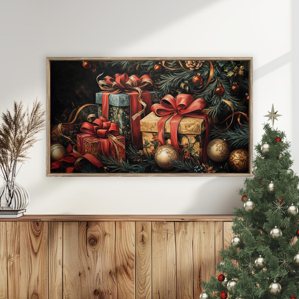 Christmas Gift Boxes Red Bows Under Tree Ornaments Night Poster - Image 5