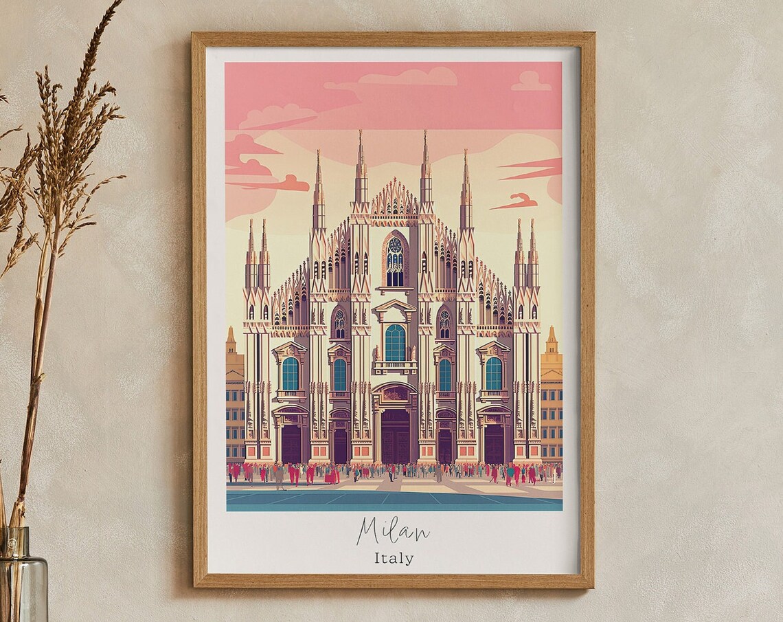 Milan Italy Cathedral Duomo Sunset Pink Sky Vintage Travel Poster