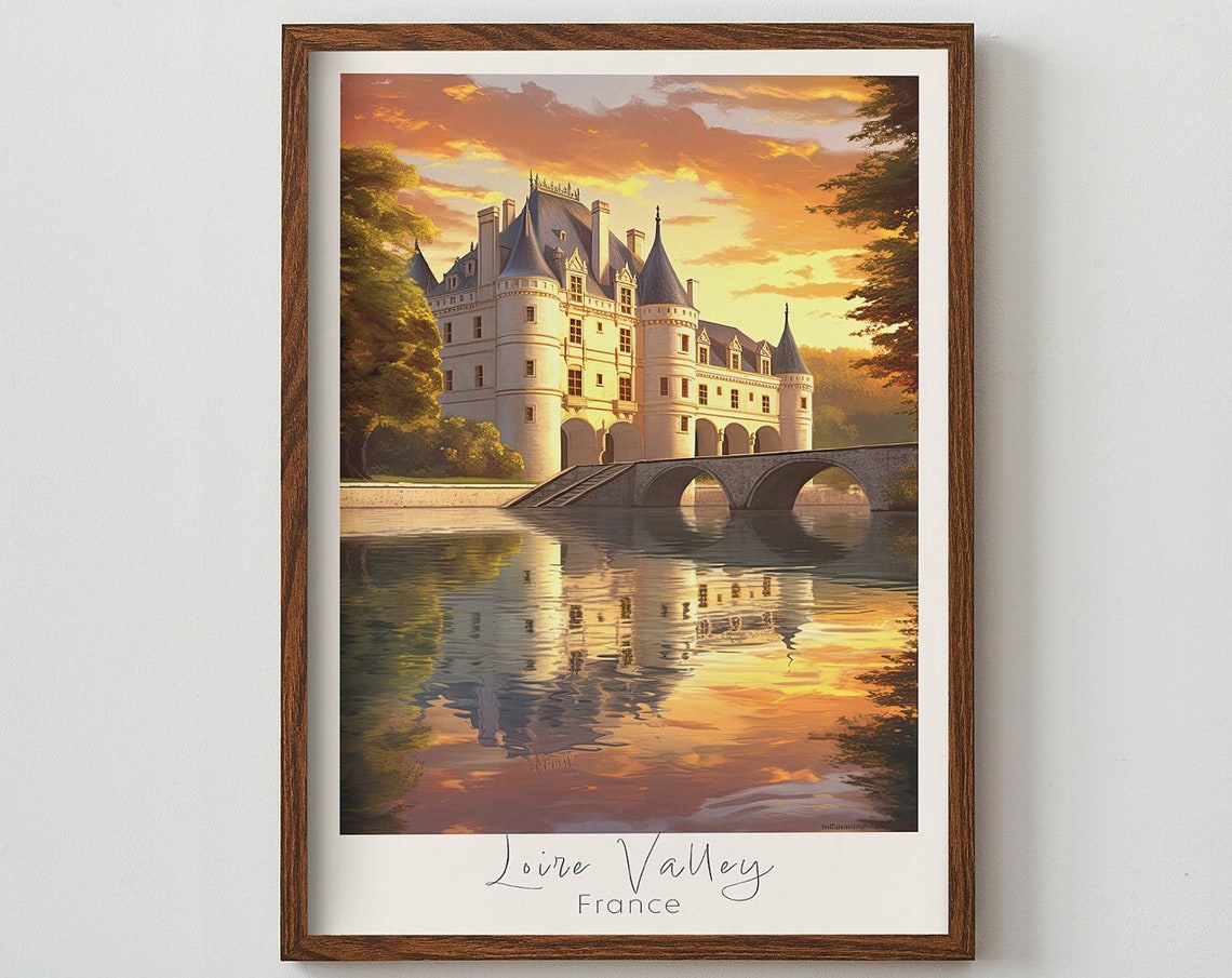 Loire Valley France Chateau Sunset Reflection Over River Travel Poster