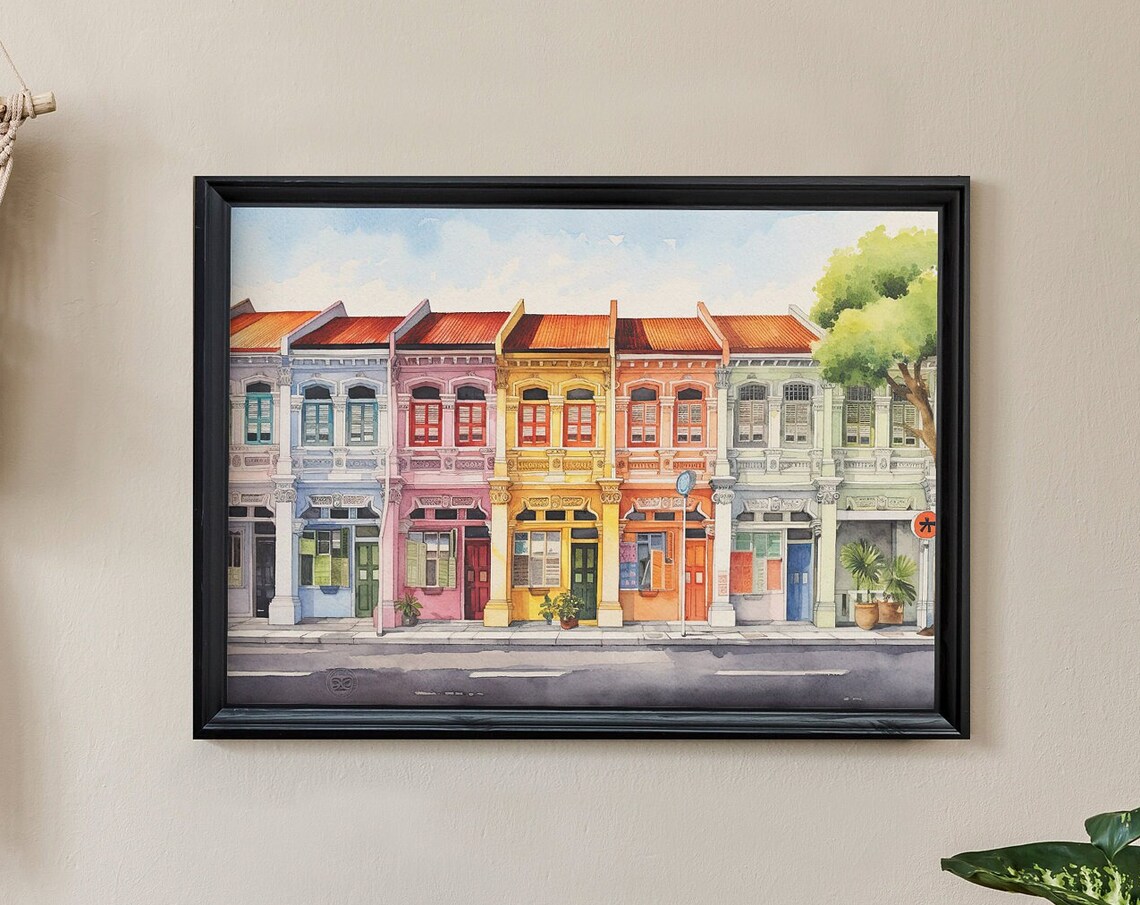 Singapore Colourful Shophouses Watercolor Street Scene Travel Poster