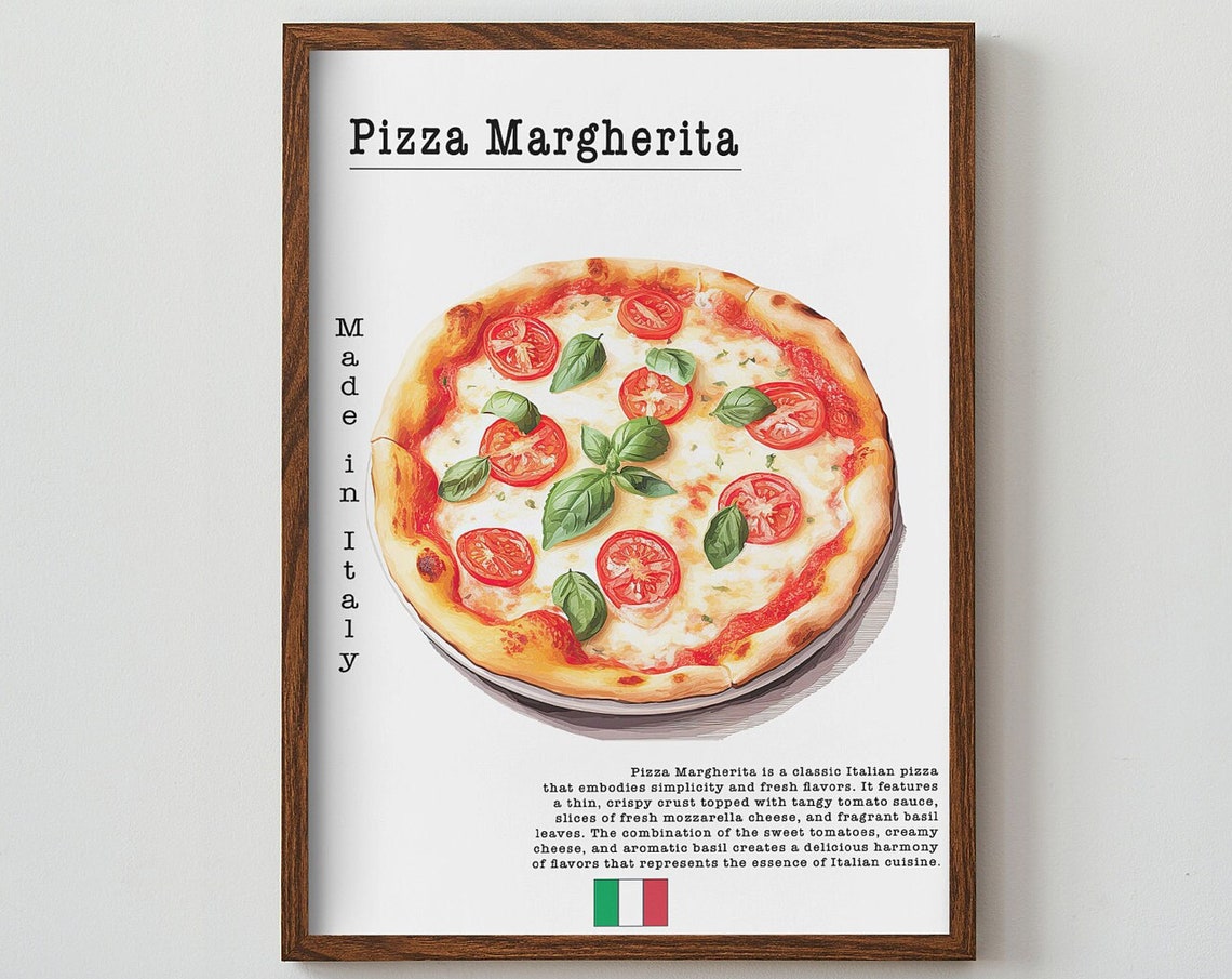 Pizza Margherita Italian Food Poster Italian National Dish Art Print European Foodie Wall Art Italy Kitchen Wall Decor