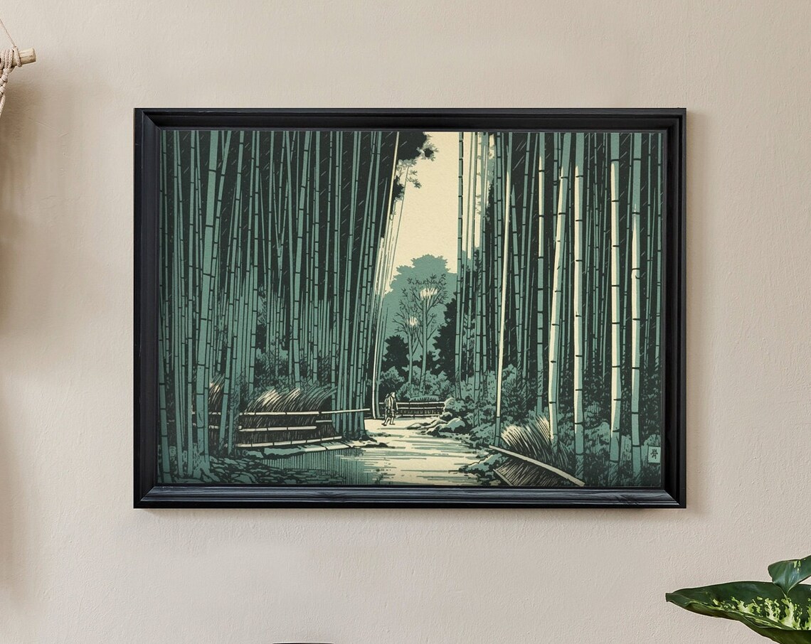 Vintage Linocut Bamboo Grove Forest Path Kyoto Japan Art Poster