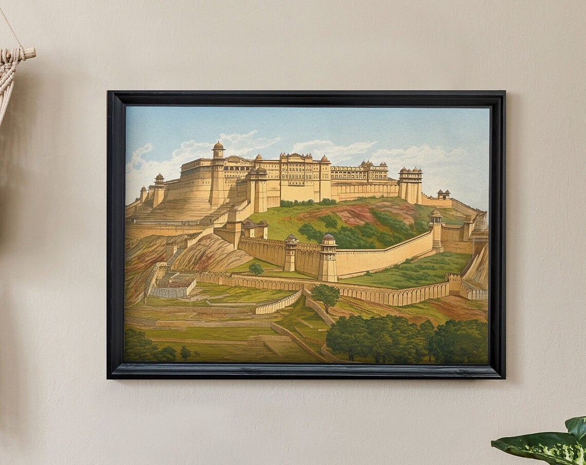 Amer Fort Jaipur India Vintage Woodblock Engraving Palace Art Poster