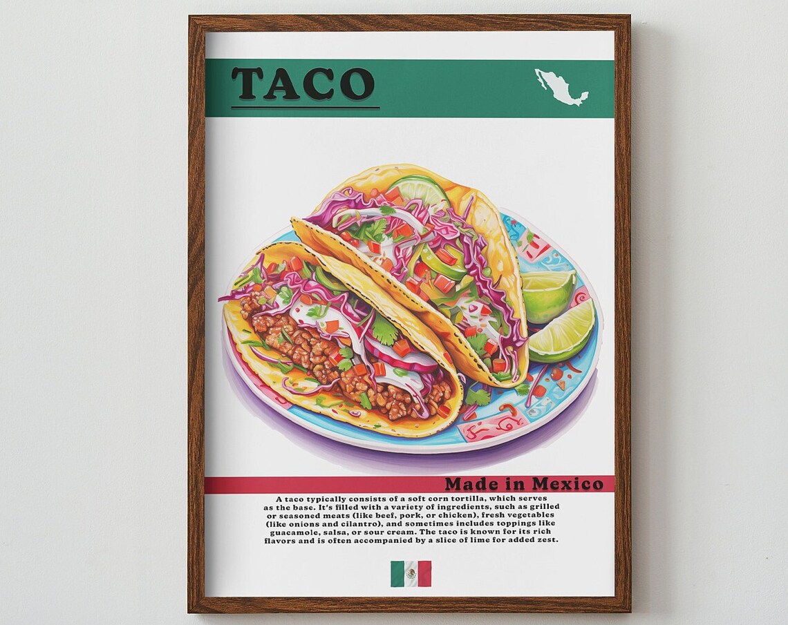 Taco Made in Mexico Vintage Food Definition Art Kitchen Poster