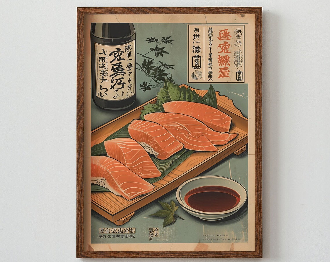 Vintage Japanese Salmon Nigiri Sushi Sake Advertisement Poster