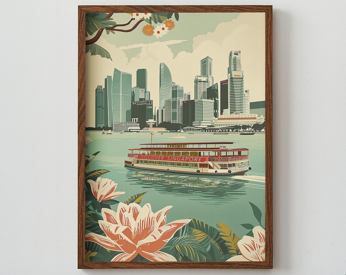 Discover Singapore River Boat Skyline Vintage Retro Travel Poster
