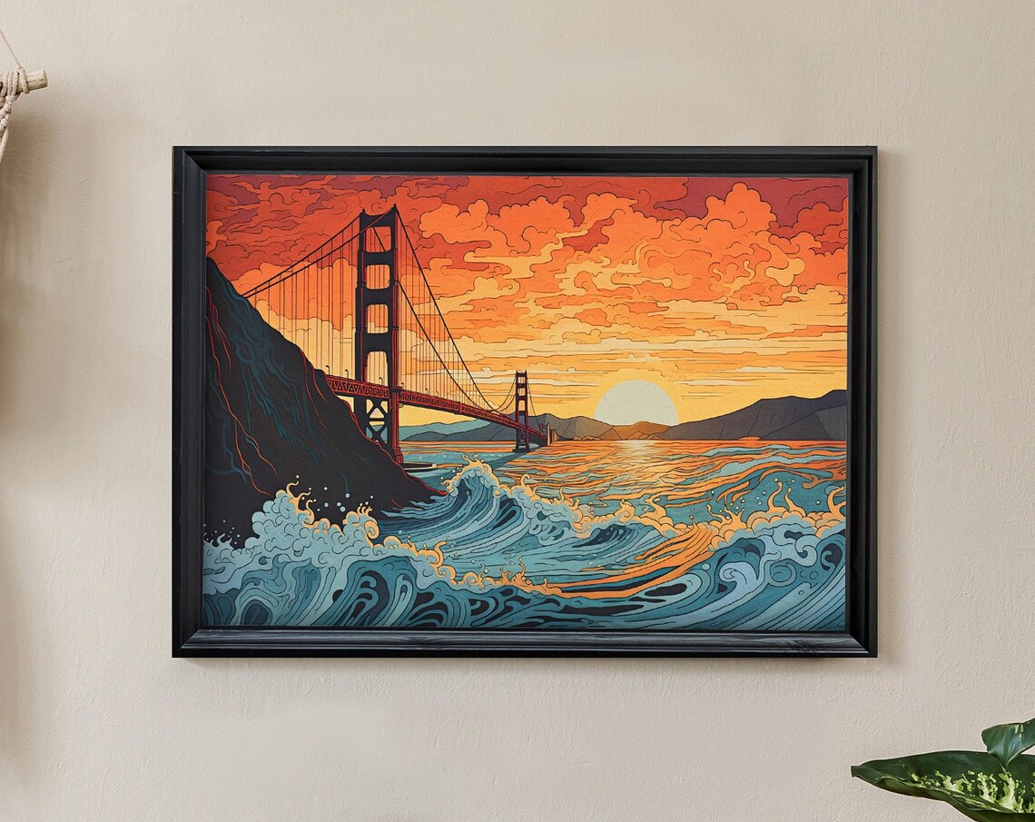 Golden Gate Bridge Fiery Sunset Japanese Woodblock Style Poster