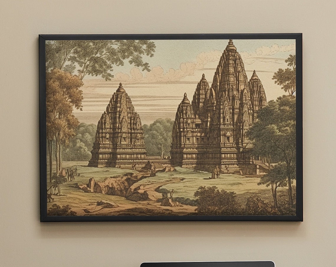 Khajuraho Temples India Old World Etching Style Travel Poster