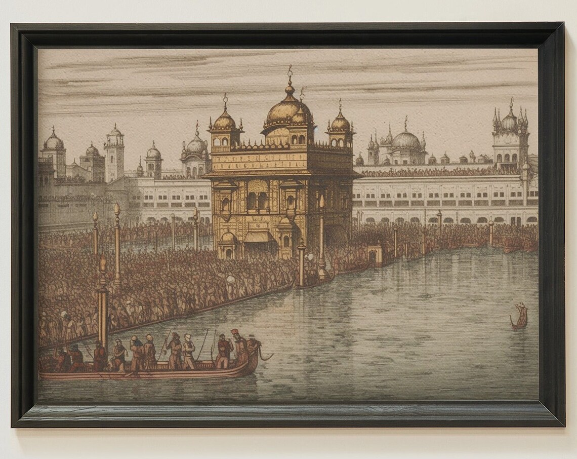 Golden Temple Amritsar India Vintage Woodblock Engraving Art Poster