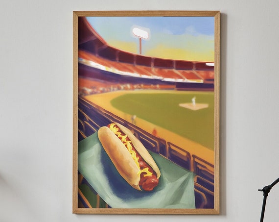 Hot Dog At A Baseball Game At Sunset Painting Artwork Print At Home Wall Art Wall Art Print Instant Art