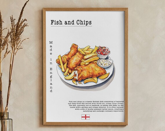 Fish And Chips English Food Poster England National Dish Art Print European Foodie Wall Art English Kitchen Wall Decor
