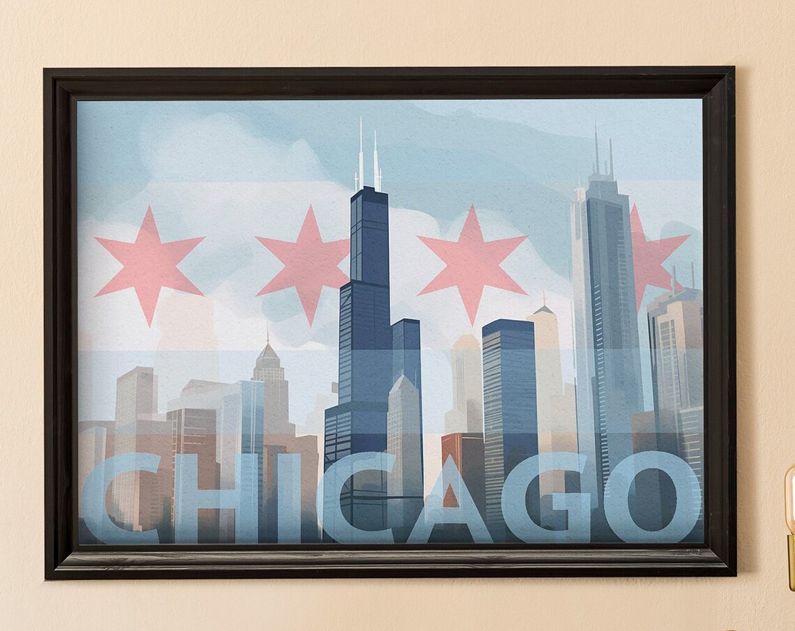 Chicago Skyline With Chicago Flag Red Stars Retro Travel Poster Art
