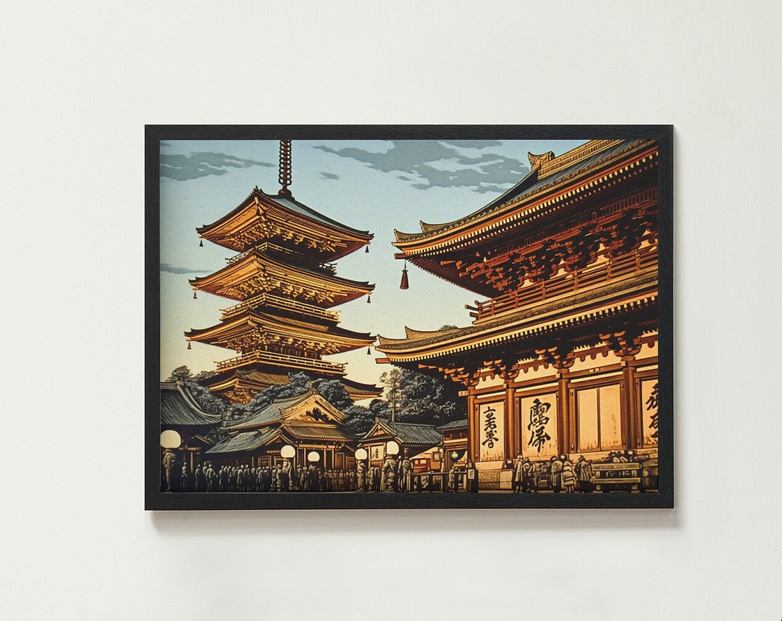 Sensoji Temple Tokyo Vintage Japanese Festival Crowd Scene Poster