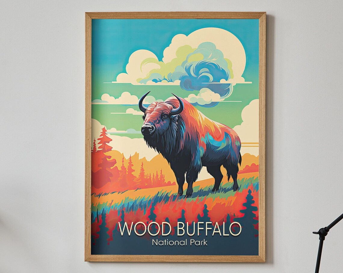 Wood Buffalo National Park Colorful Bison Canada Travel Poster