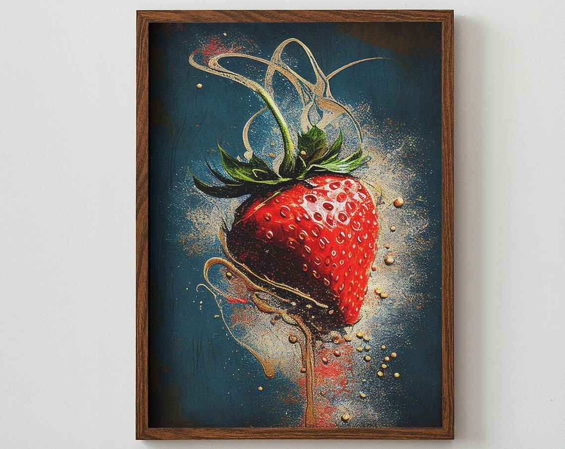 Abstract Modern Strawberry with Gold Swirls on Dark Teal Art Poster