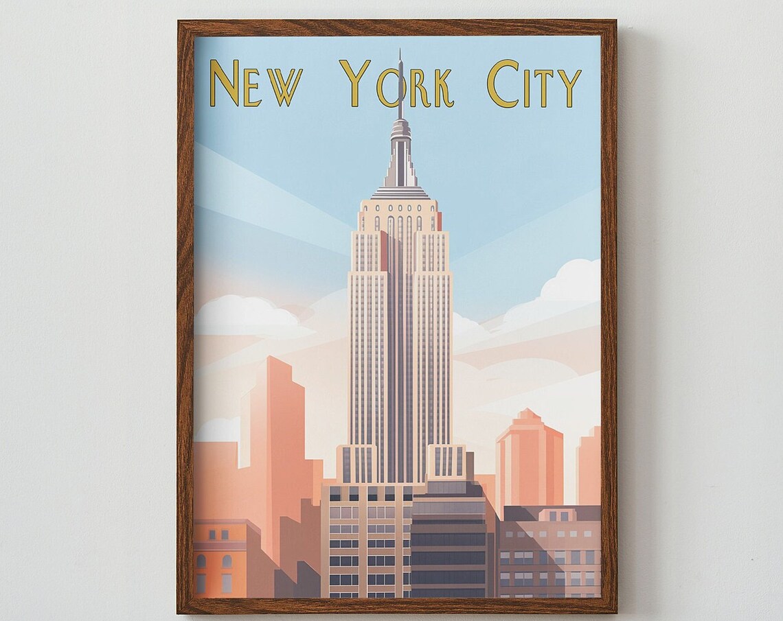 New York City Empire State Building Retro Art Deco Travel Poster