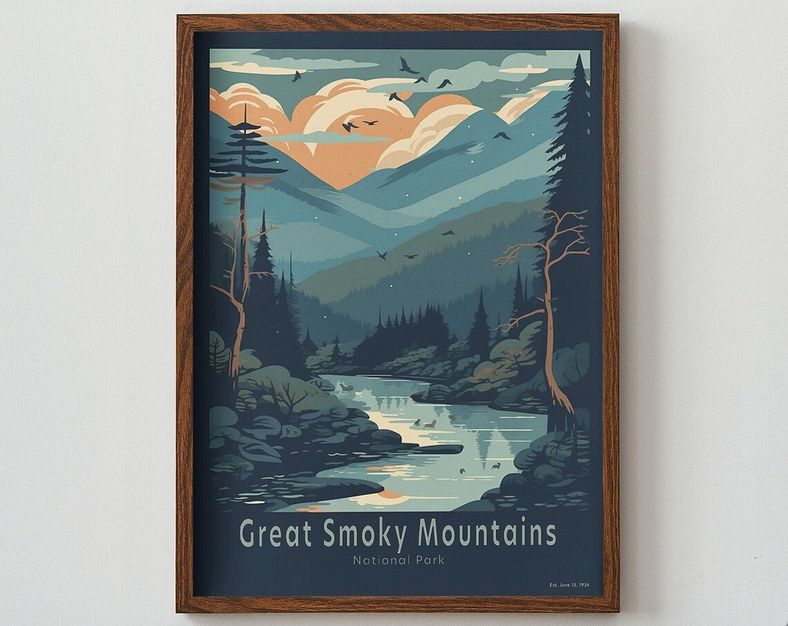 Moonlit Great Smoky Mountains National Park Vintage Retro Poster