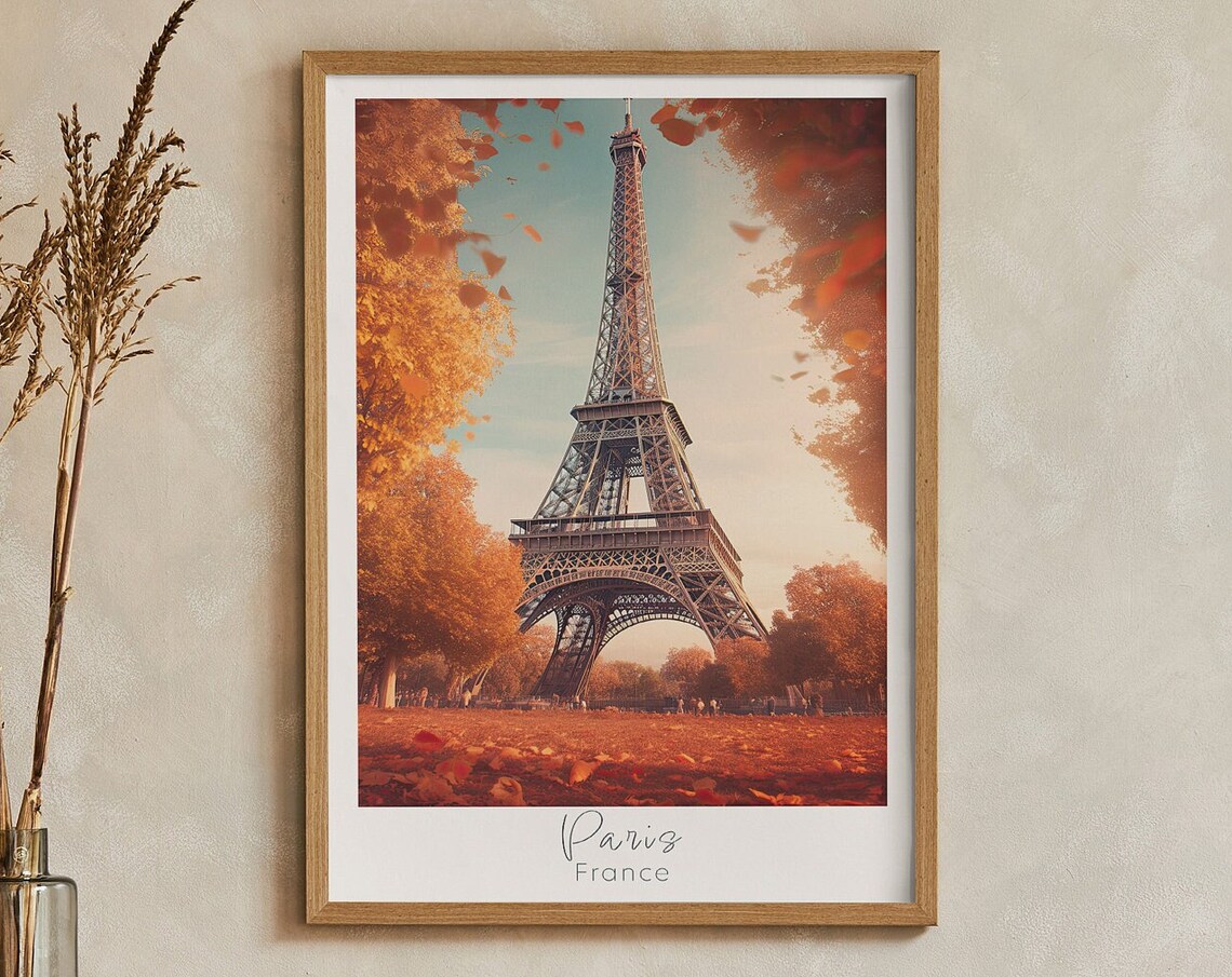 Paris France Eiffel Tower Autumn Leaves Golden Travel Poster
