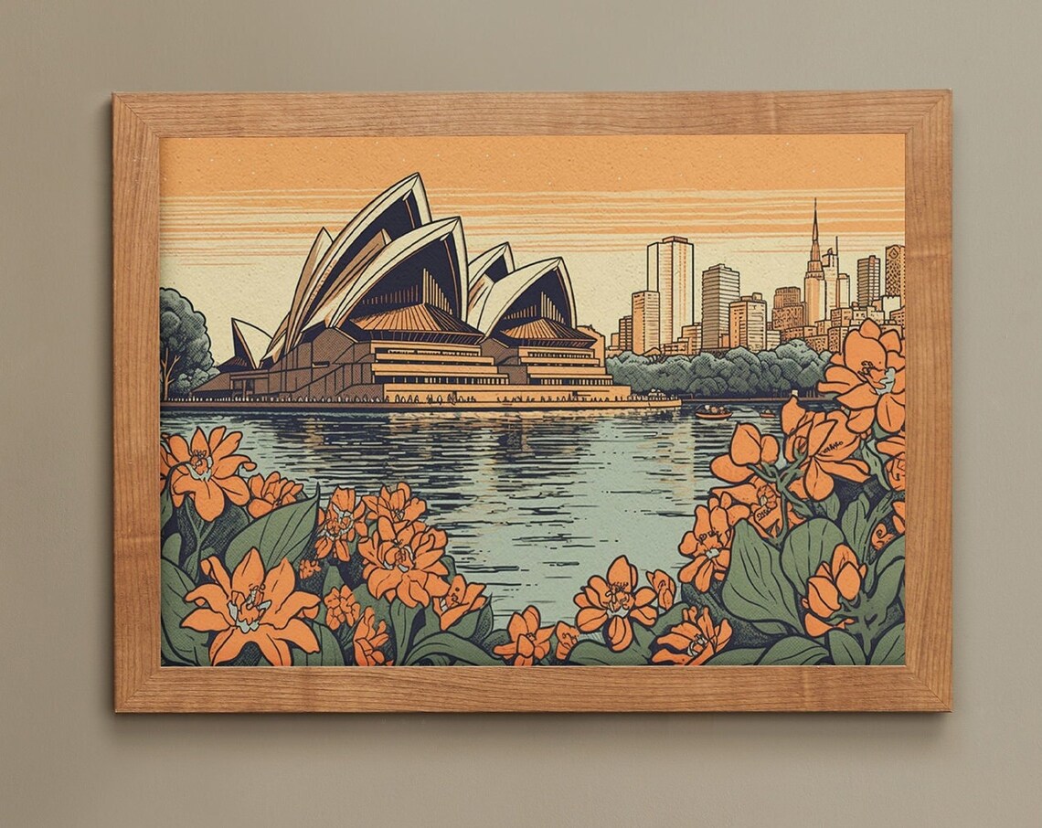 Sydney Opera House Woodblock Style With Orange Flowers Poster