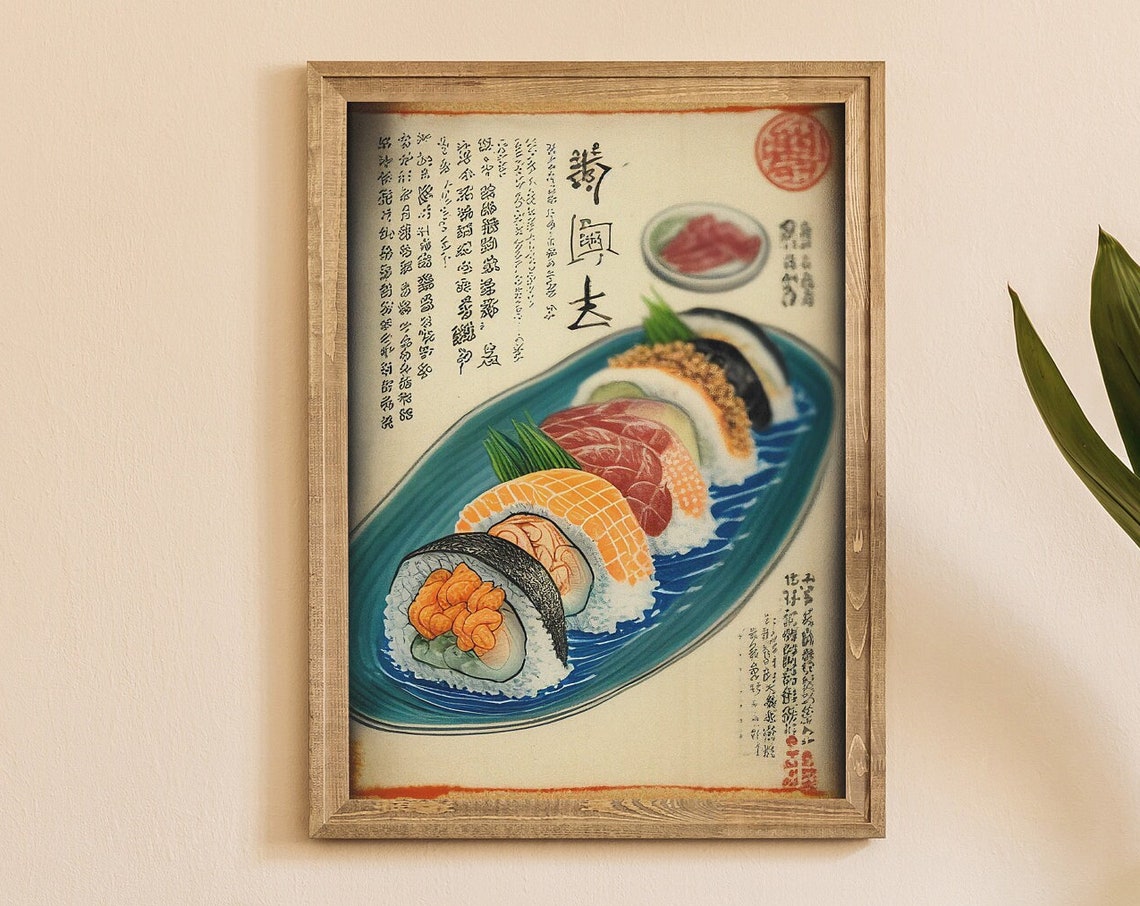 Vintage Japanese Sushi Platter Ukiyo-e Style Kitchen Wall Art