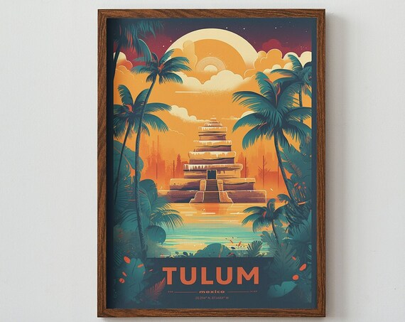 Tulum Mexico Ancient Mayan Pyramid Jungle At Sunset Travel Poster