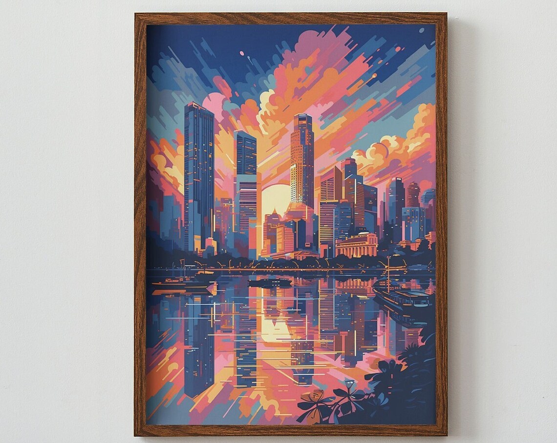 Singapore Marina Bay Sunset Skyline Colorful Reflection Travel Poster