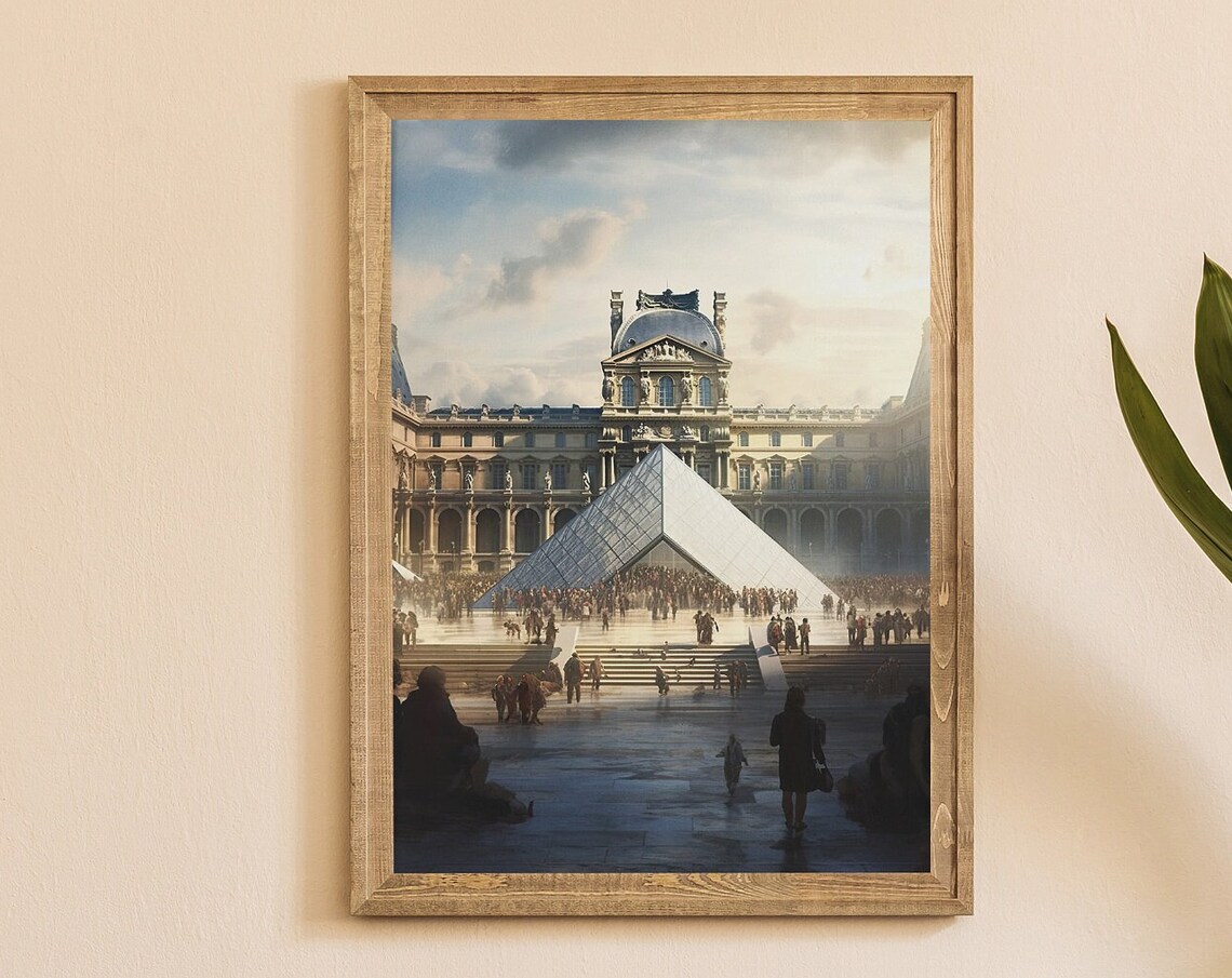 Louvre Museum Glass Pyramid Paris Bustling Crowd Painting Poster