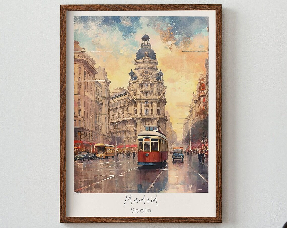 Madrid Spain Gran Via Sunset Streetcar Watercolor Travel Poster