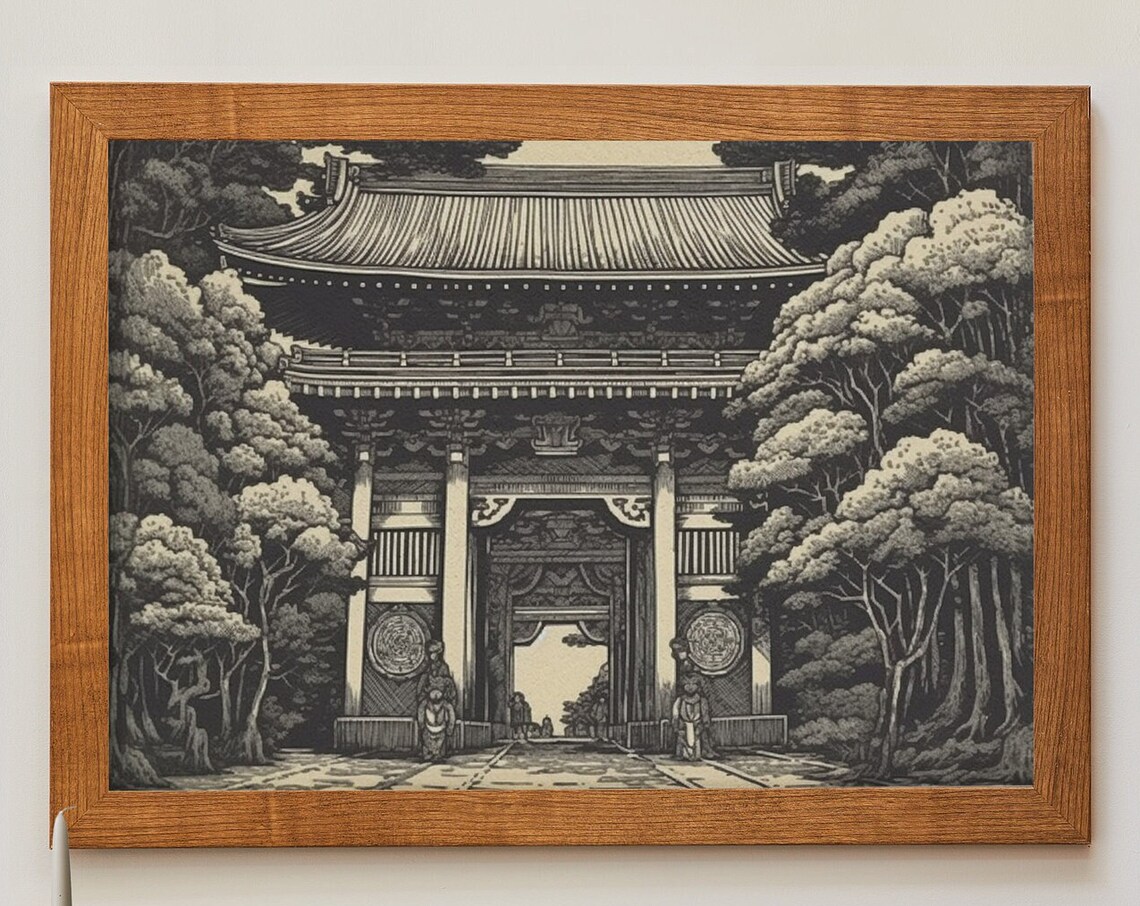 Meiji Shrine Tokyo Grand Gate Black And White Japanese Linocut Poster