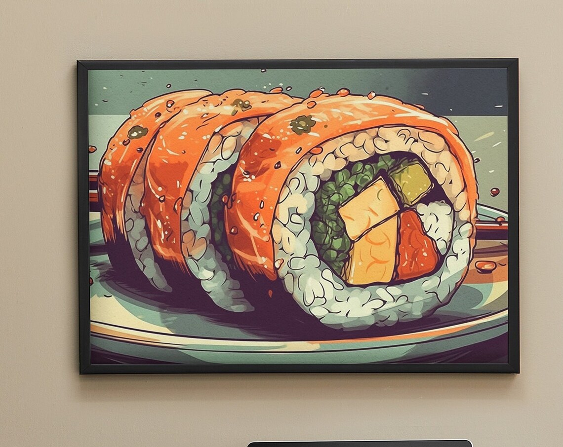 Vibrant Bold Salmon Sushi Roll Comic Style Japanese Food Poster